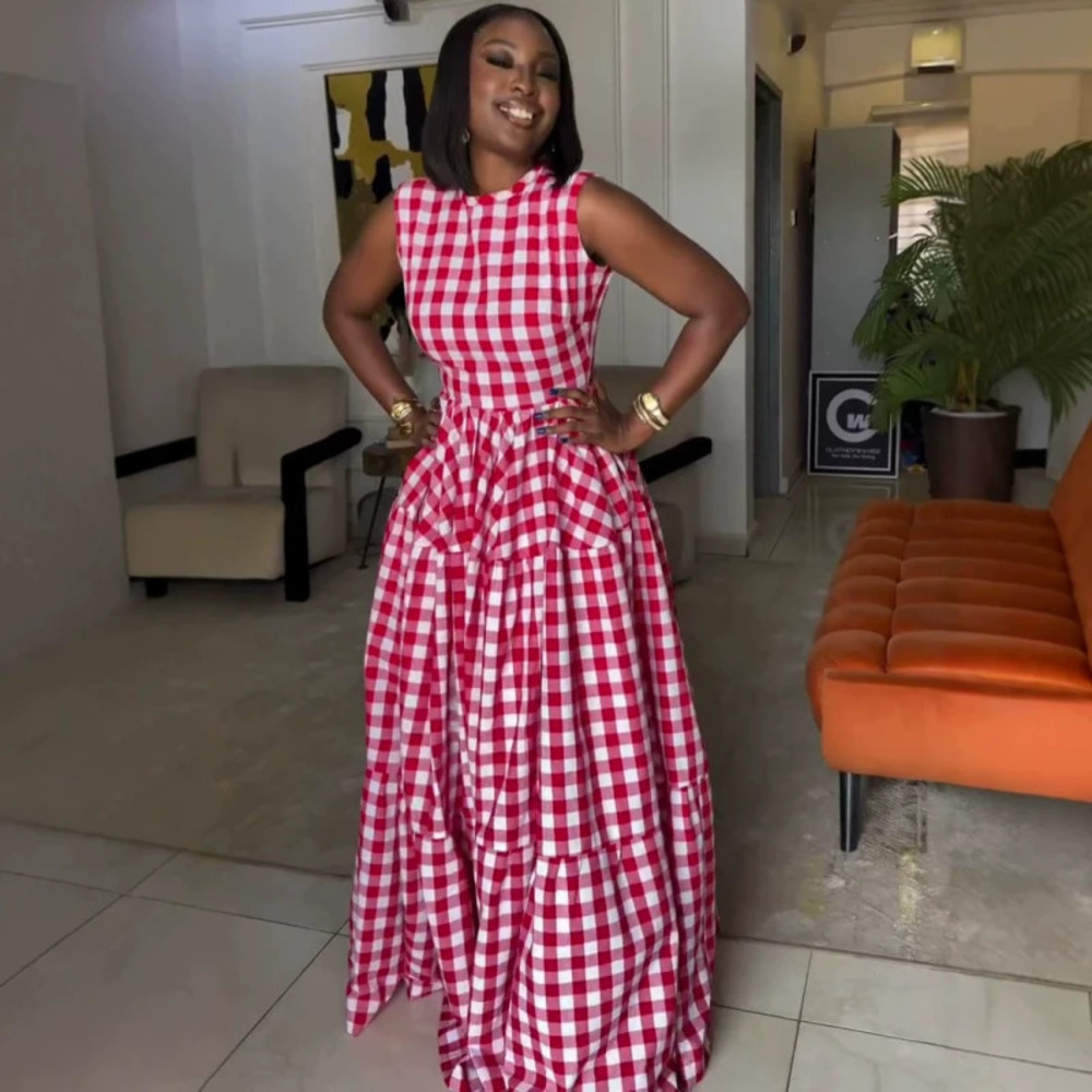 ZARA African Fashion High Waist Plaid Tank Maxi Dress Summer - Picture 1 of 5